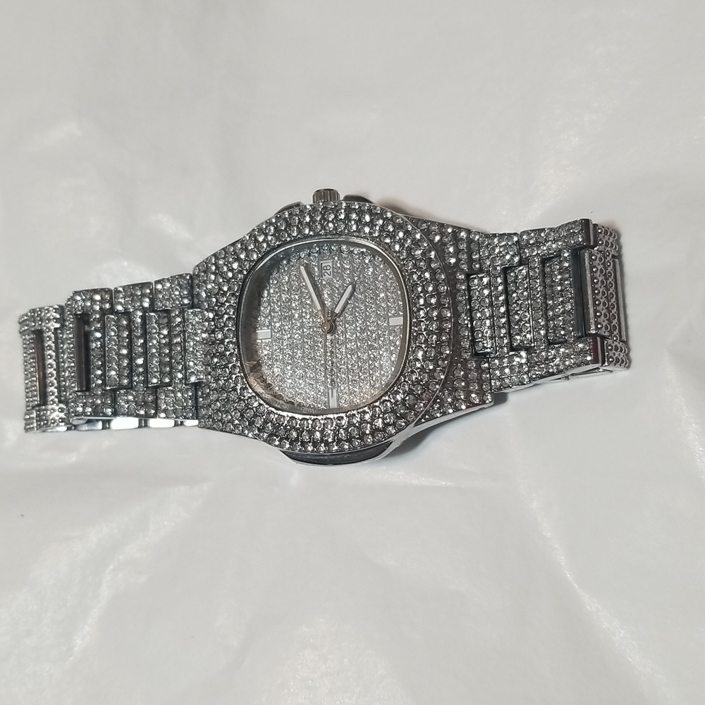 WATCH, Men's Silvertone and Rhinestone with snap closure. Nothing on back. EUC